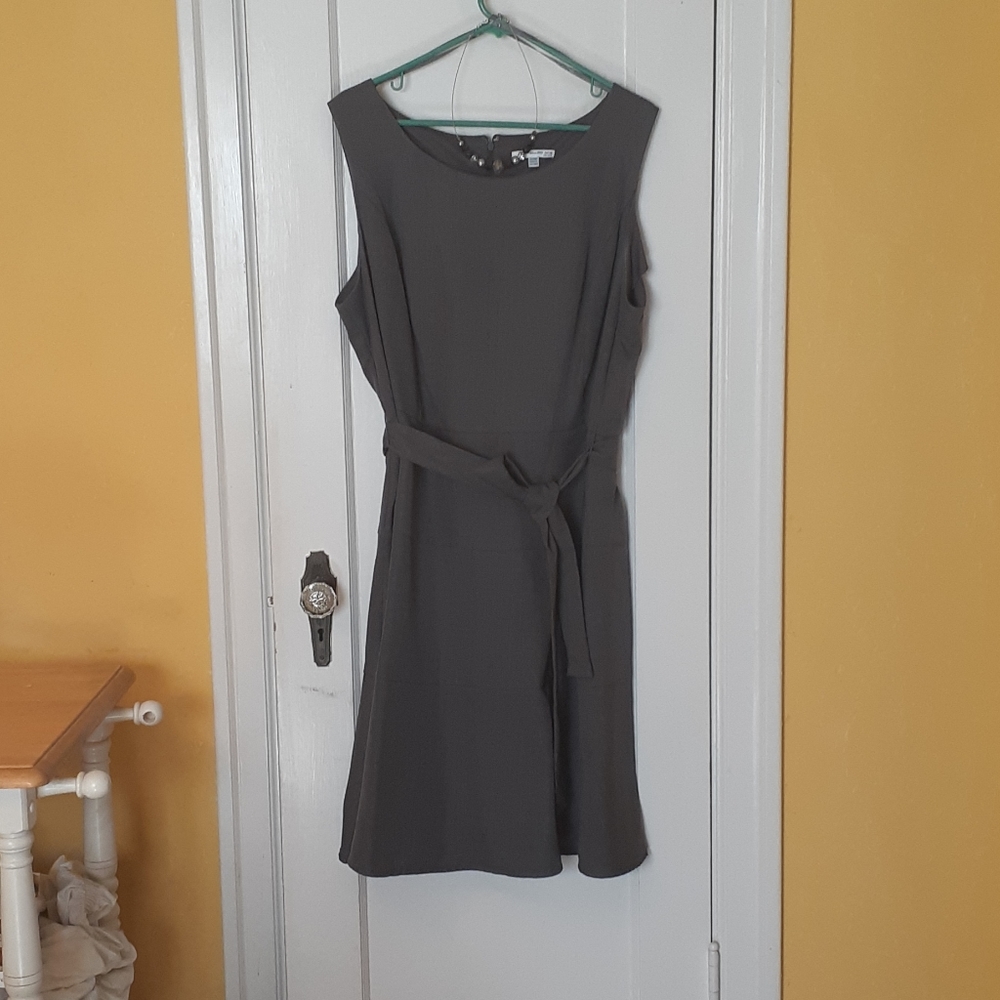 Grey belted fit and flare sleeveless dress